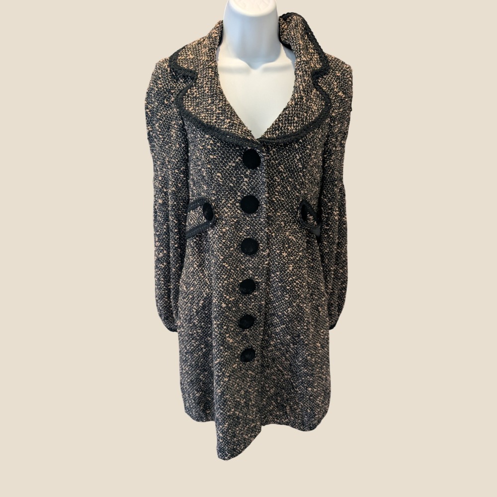 Vintage Nanette Lepore Coat Tweed Puff Sleeve Velvet Button Small Y2K Black